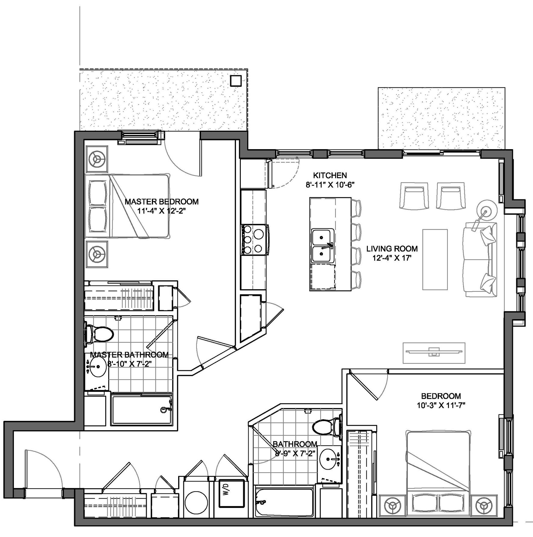 Floor plan of a two-bedroom apartment. Includes kitchen, living room, bathrooms, and patio access.