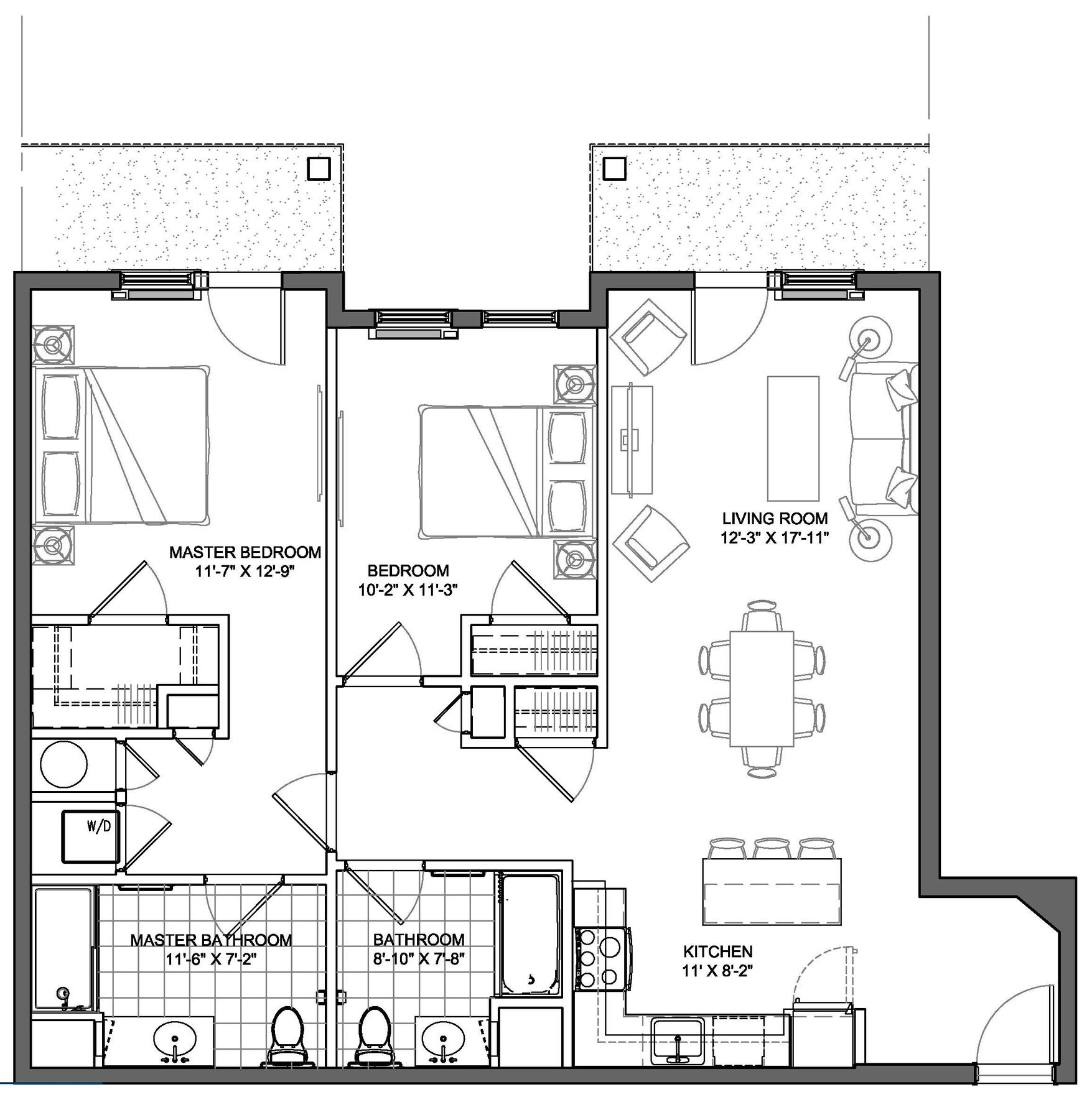 Floor plan of a two-bedroom apartment. Includes bedrooms, bathrooms, kitchen, living room, and balconies.