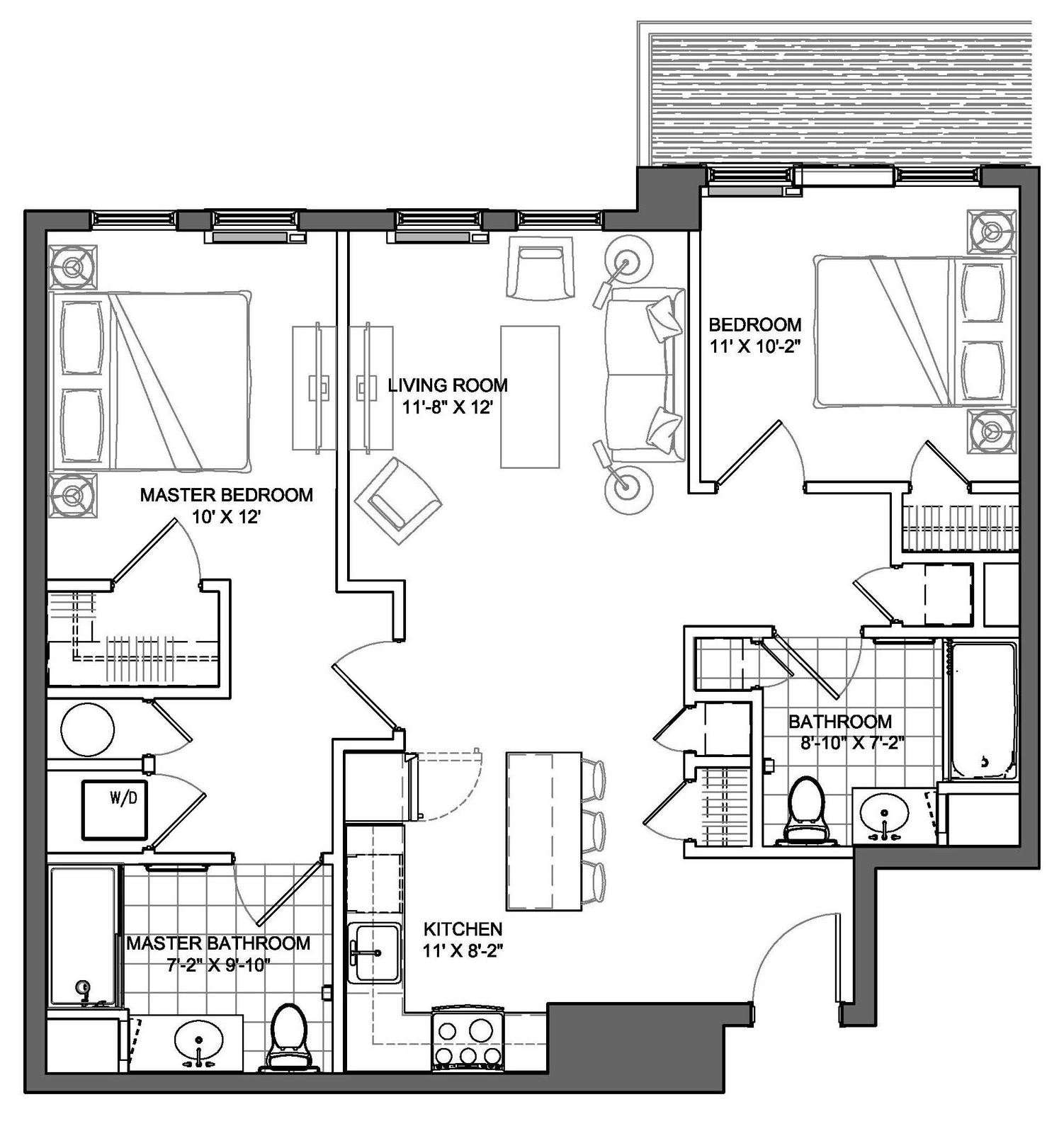 Floor plan of a two-bedroom apartment, including a master bedroom, living room, kitchen, and two bathrooms.