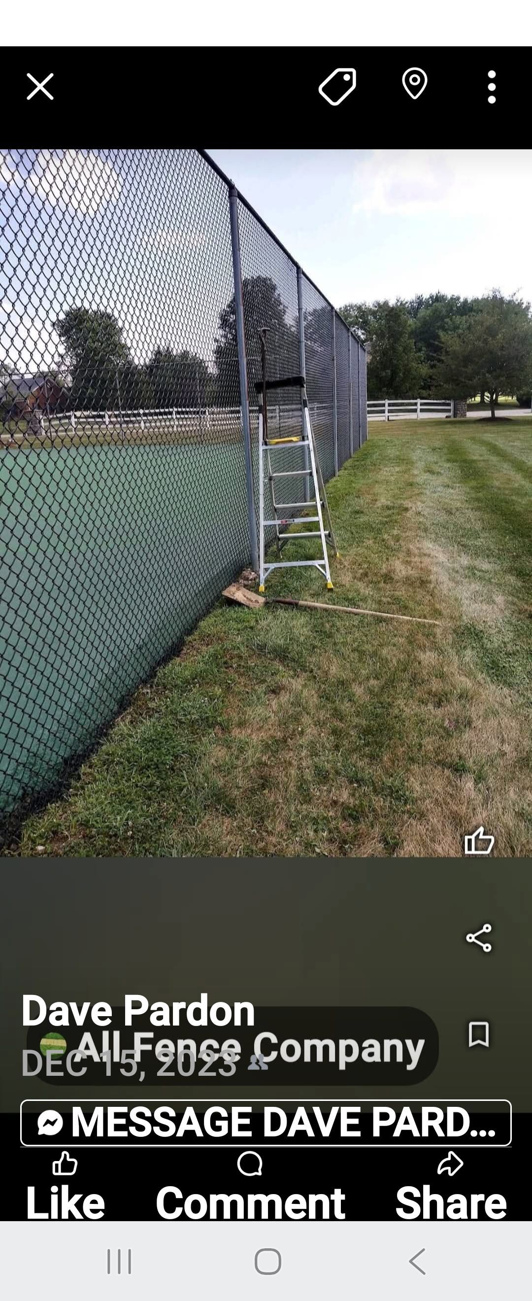 A tall green fence with a ladder alongside it, with green grass and a blue sky in the background.