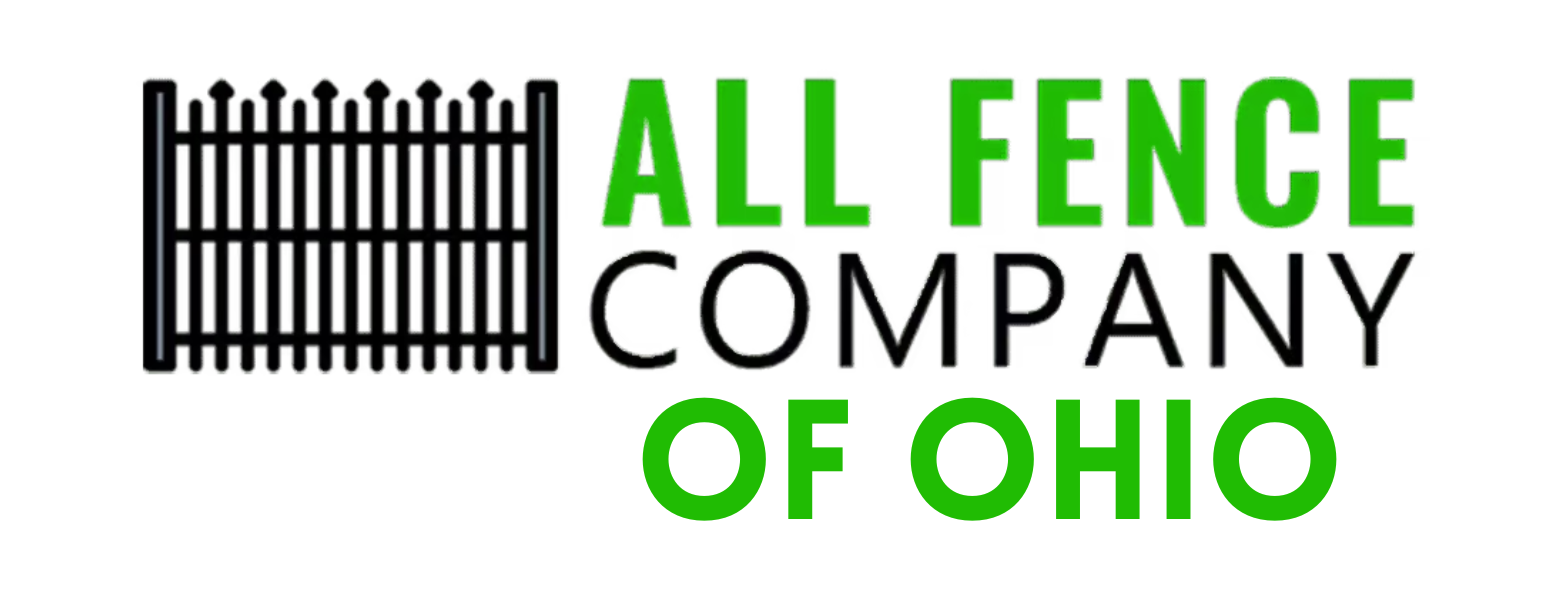 Logo for All Fence Company, featuring a black fence illustration and green and black text.