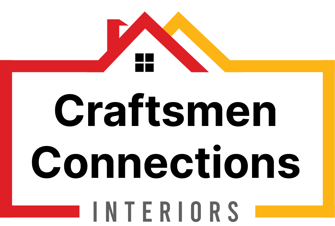 The logo for craftsmen connections interiors has a house on it.