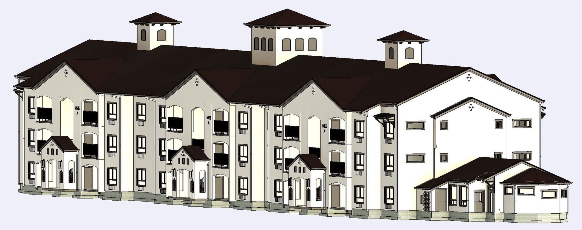 A large white building with a brown roof