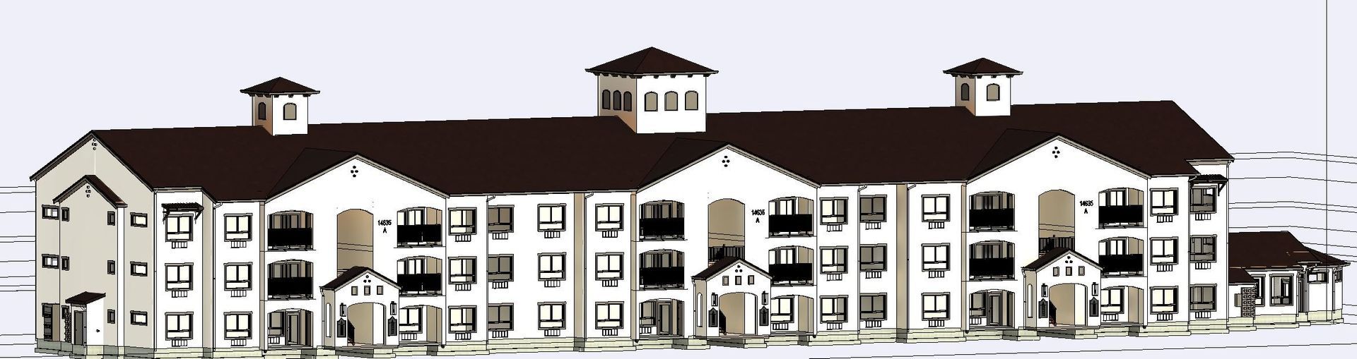 A drawing of a large building with a brown roof