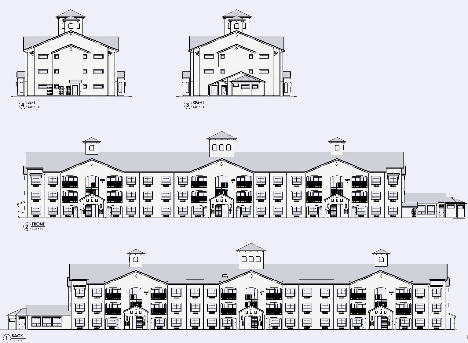 A black and white drawing of a large building