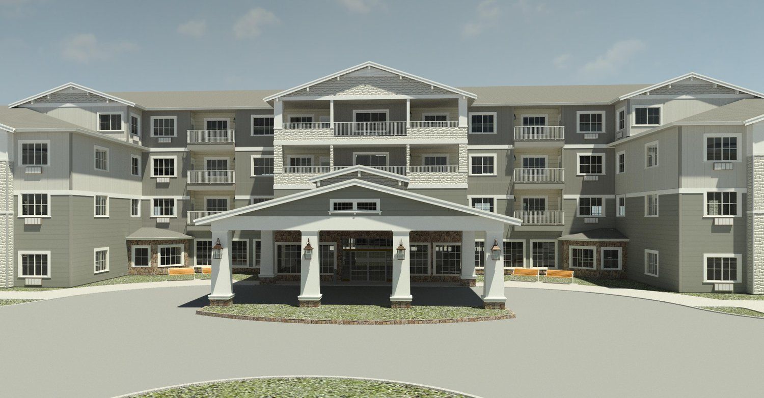 An artist 's impression of a large apartment building with a large entrance.