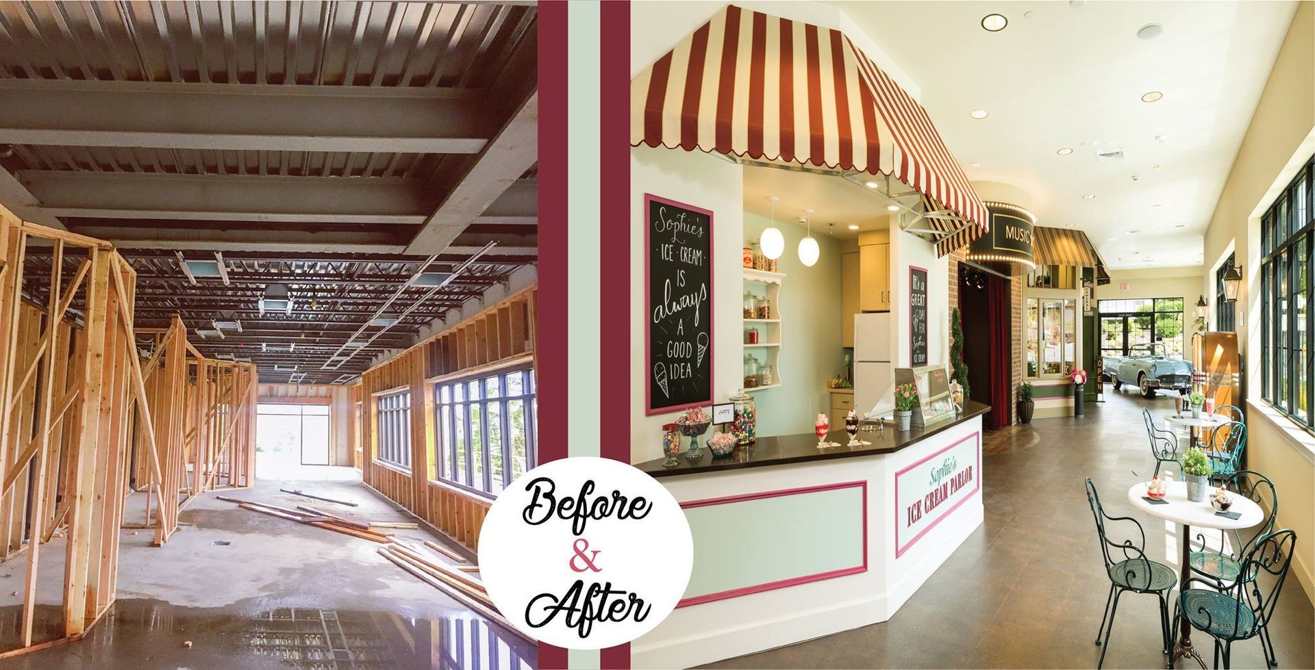 A before and after photo of a building under construction