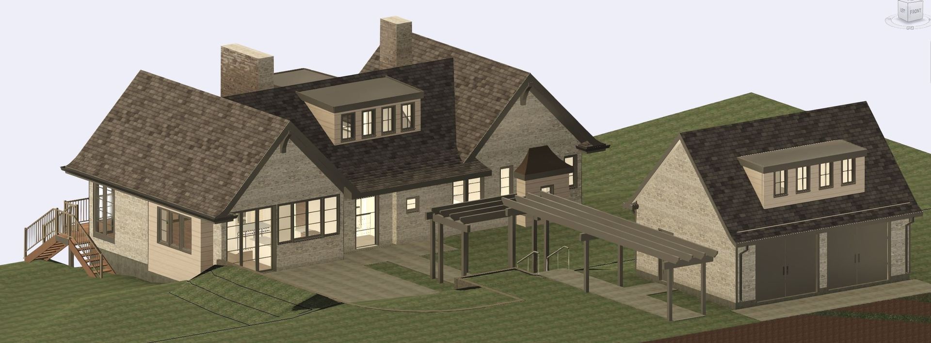 A 3d model of a house with a garage and a porch.