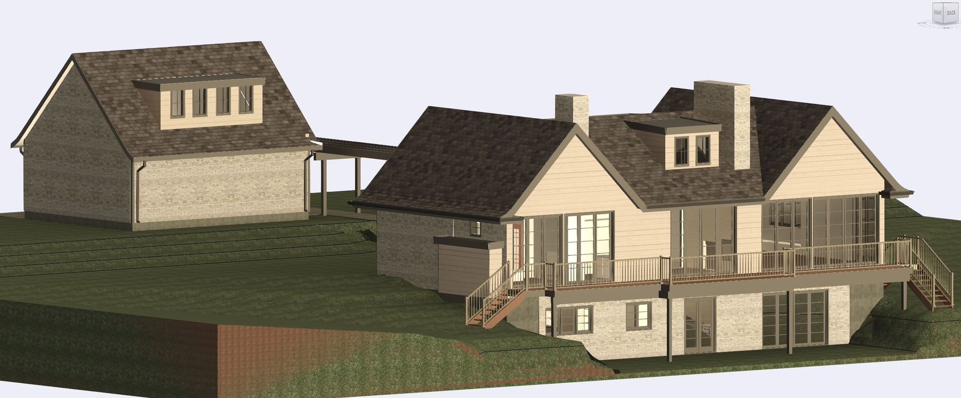 A 3d model of a house with a smaller house in the background