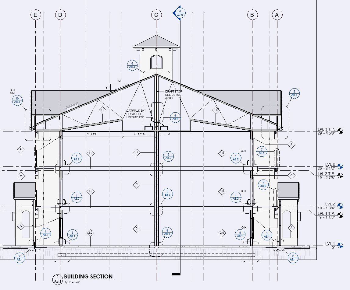 An architectural drawing of a building with a roof