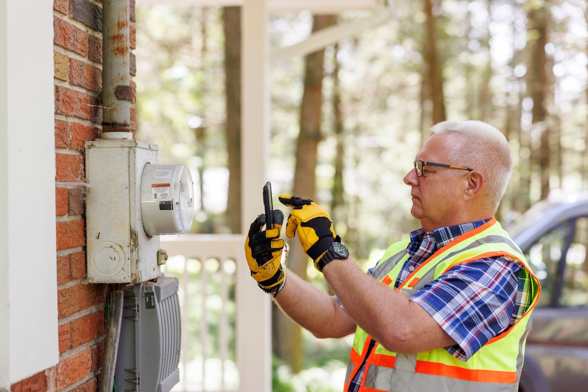 Residential electrician services in vest and glasses fix an electrical meter during an emergency.