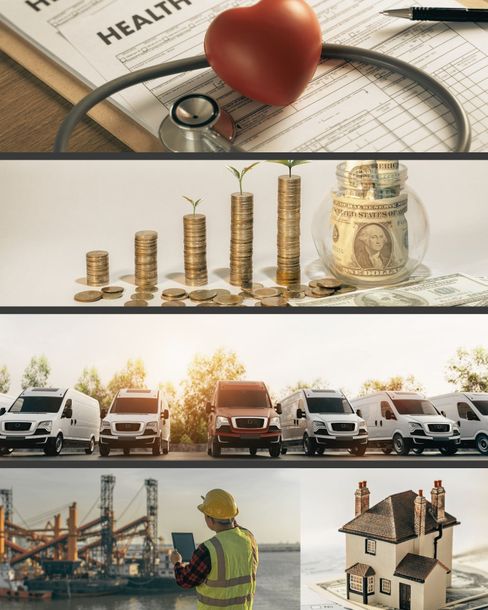 Health, finance, vehicles, and construction represented with related objects.