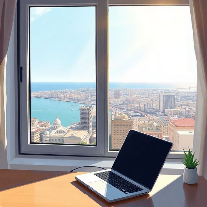 Laptop on desk by window overlooking a city and sea, bright sunlight.