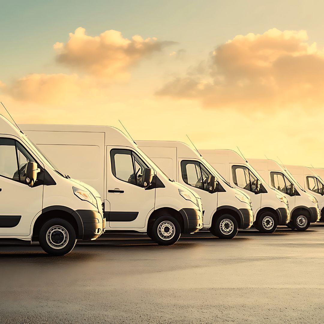 White delivery vans parked in a row on a wet, reflective surface with a sunset background.