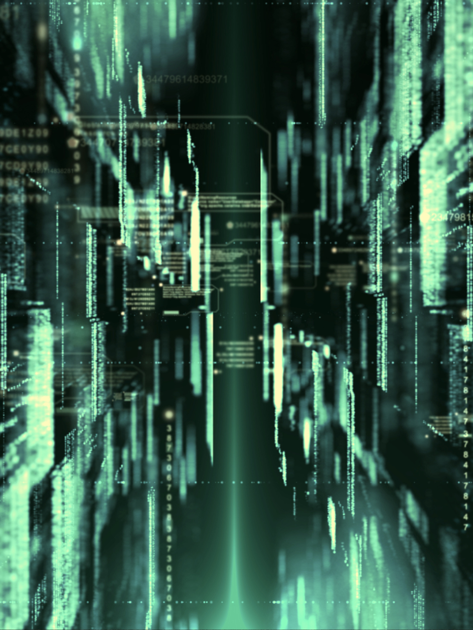 Digital data streams in teal, futuristic abstract graphic.