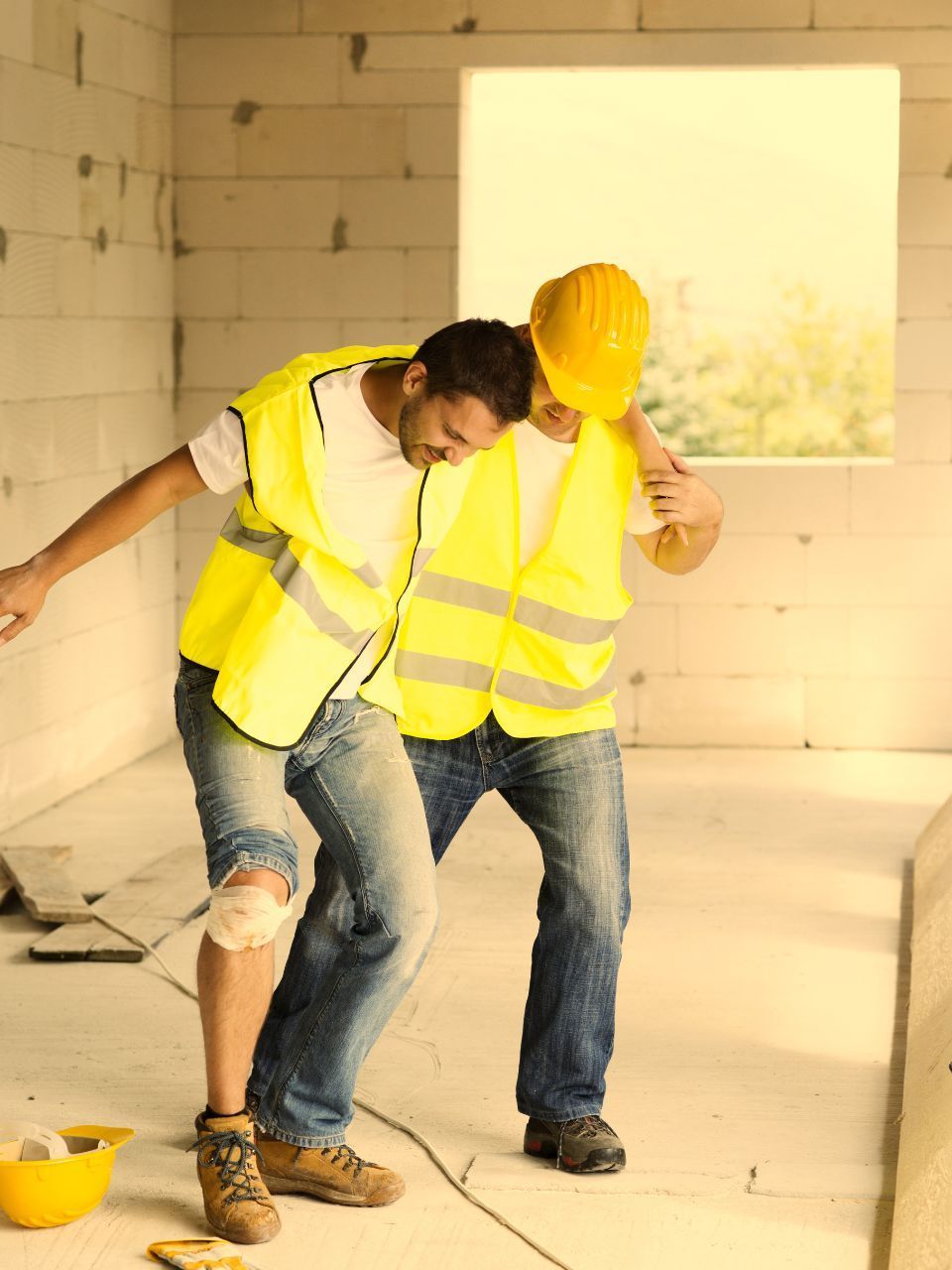 Construction worker assisting injured colleague; both wearing safety vests, indoors.