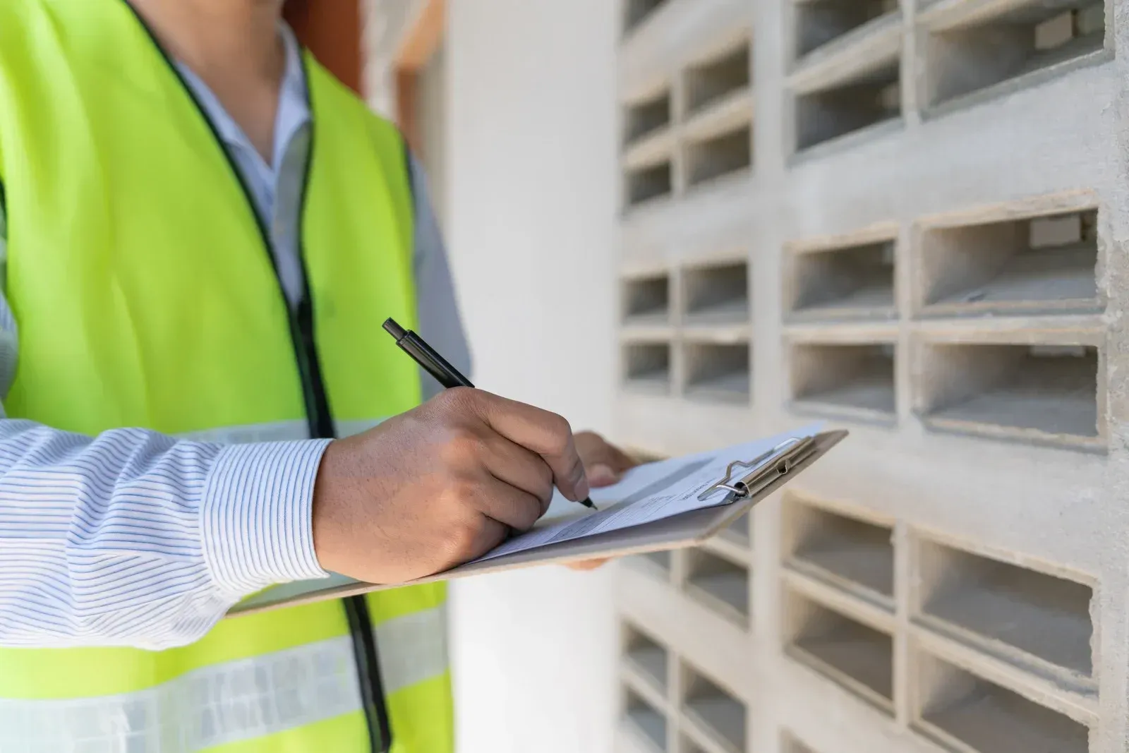Person in safety vest writing on a clipboard near a concrete block wall.