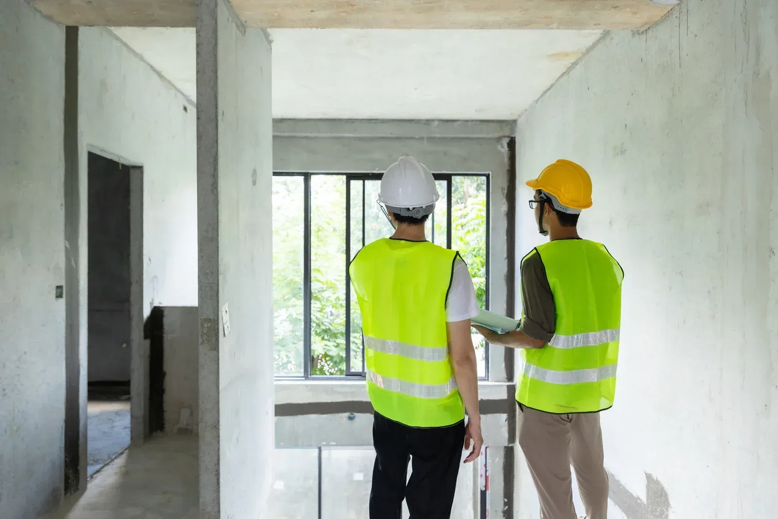 Two construction workers in safety vests and hard hats examine a building interior.