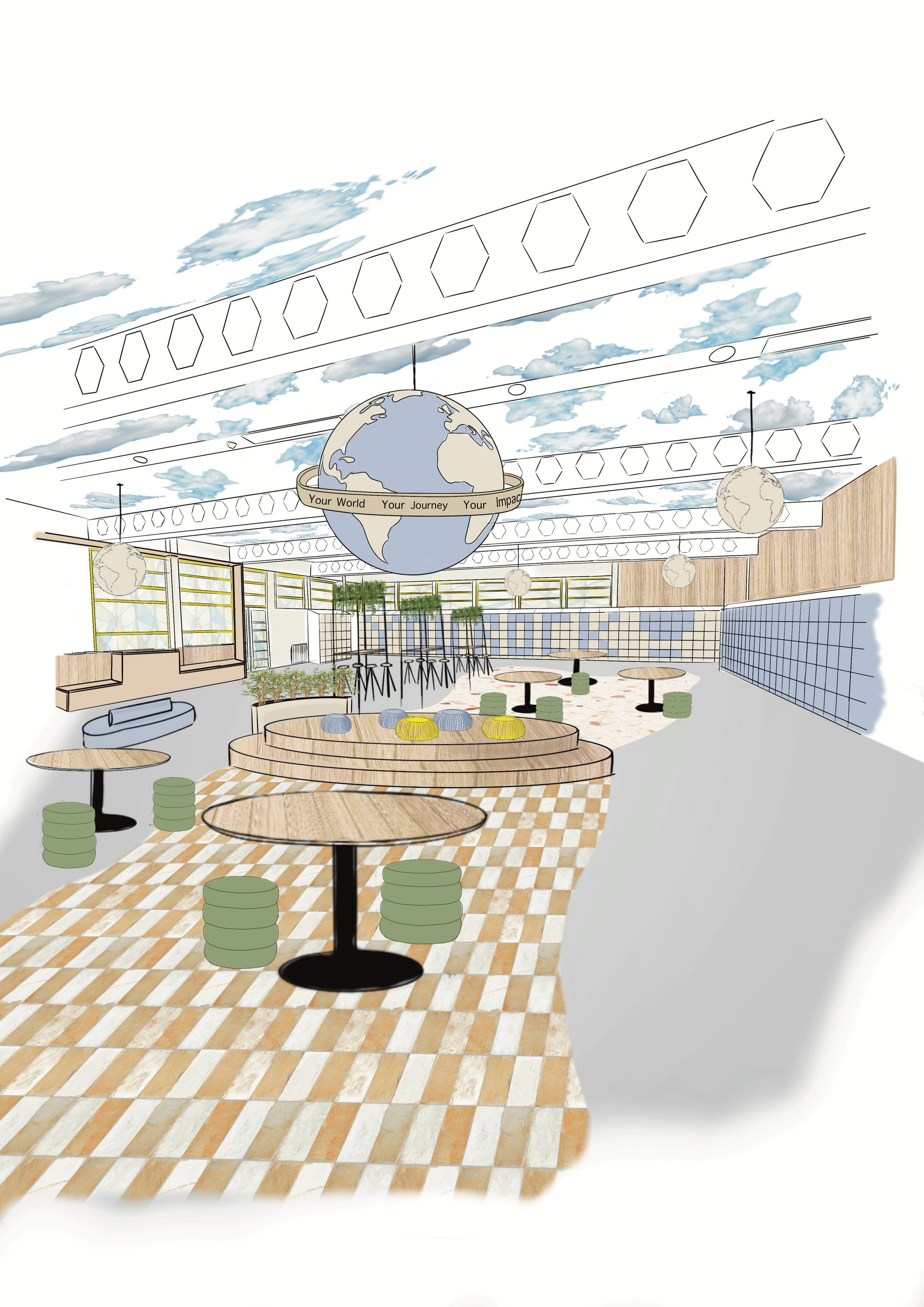 perspectief tekening ontwerp voor een kantine van een school