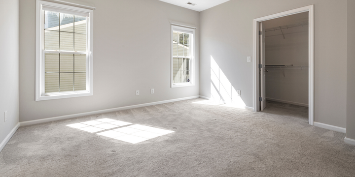 Empty bedroom with two windows, a closet, and neutral-colored carpet. Sunlight streams through the windows.