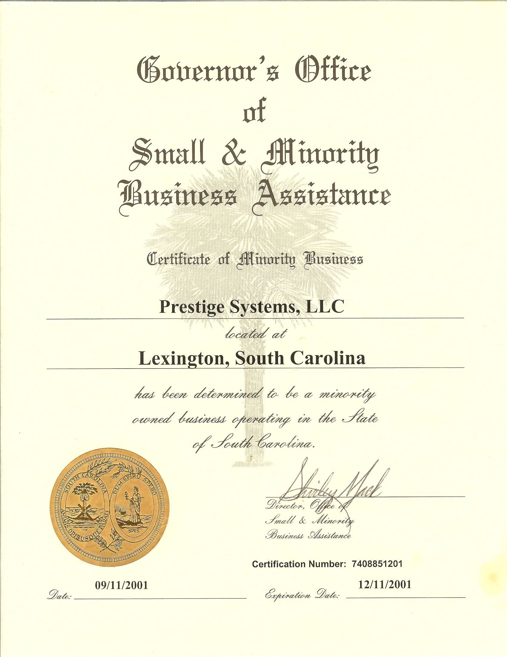 Certificate from the Governor's Office of Small & Minority Business Assistance for Prestige Systems, LLC, Lexington, SC.