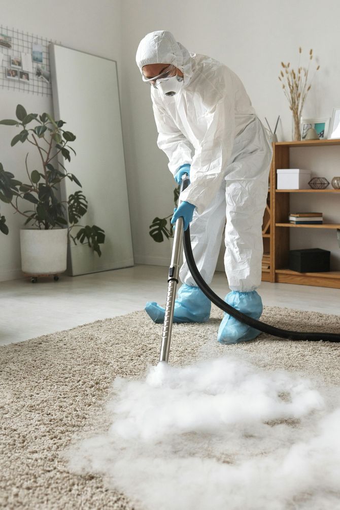 Person in hazmat suit cleaning a carpet with steam in a room with plants and a mirror.