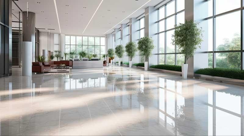 A bright, modern lobby with large windows, shiny floor, and potted trees.