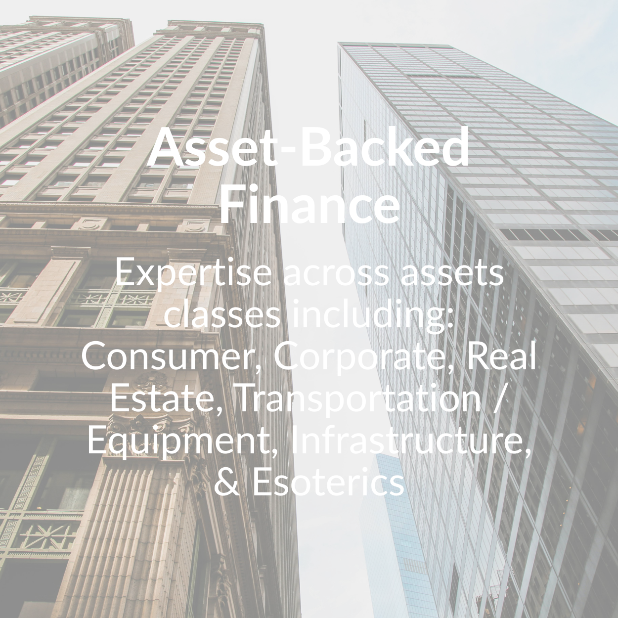 Two skyscrapers frame the text: Asset-Backed Finance. Includes asset classes: Consumer, Corporate, Real Estate, etc.