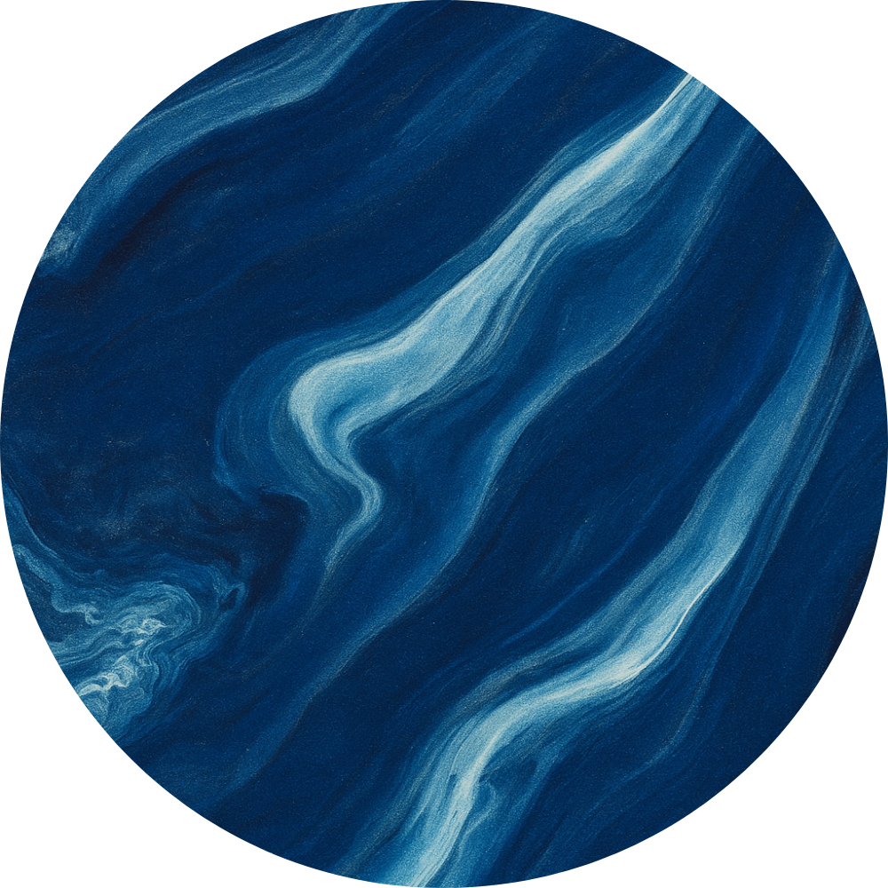 Blue and white swirling abstract pattern within a circle, resembling marble or water.