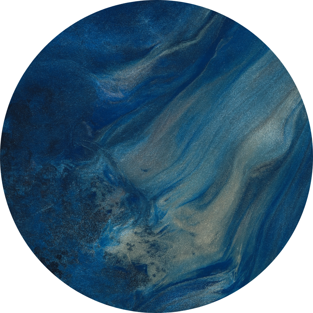 Swirling blues and silver circular abstract artwork.