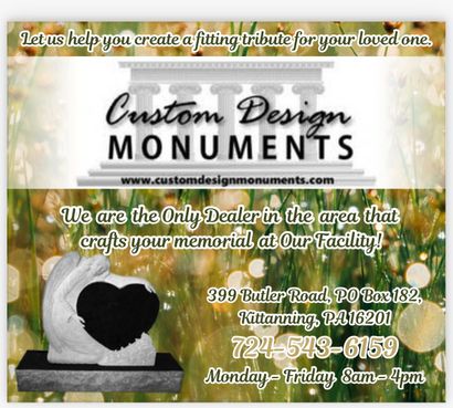 An advertisement for custom design monuments with a picture of a heart