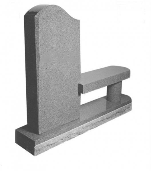 A gravestone with a bench attached to it on a white background.