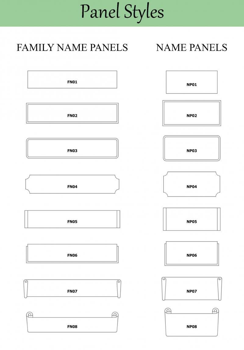 A list of panel styles for family name panels and name panels.