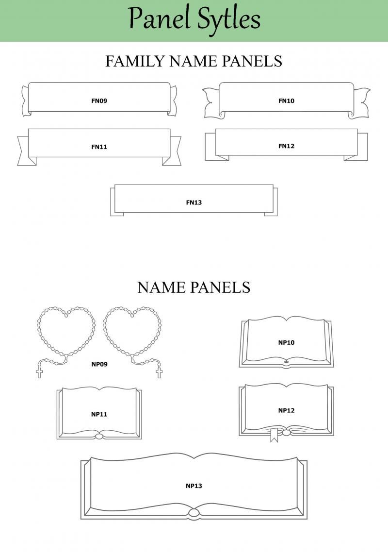 A set of family name panels and name panels.