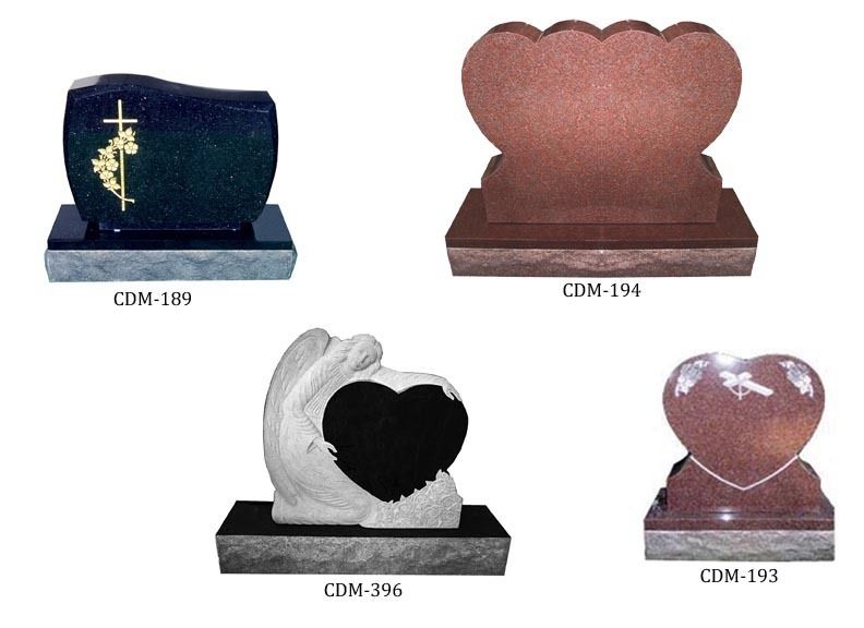 Four different types of memorials are shown including a heart shaped one