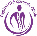 Purple &ldquo;Capital Chiropractic Clinic&rdquo; logo with stylized spine and human figure
