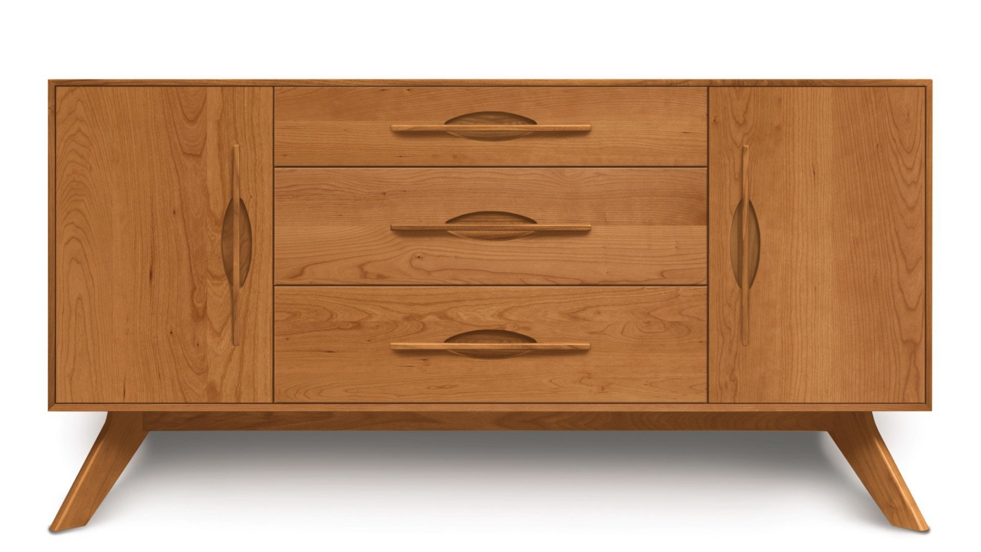 Audrey buffet in natural cherry with three drawers in the center with single doors on either side