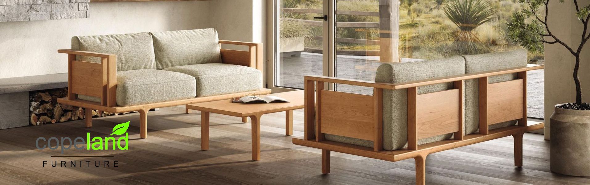 Copeland Sierra loveseat with wood side and back panel and matching coffee table.