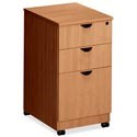 A wooden filing cabinet with three drawers and wheels on a white background.