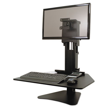 A standing desk with a monitor keyboard and mouse