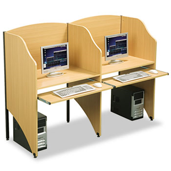 A computer desk with two monitors and a keyboard