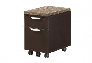 A brown filing cabinet with two drawers and wheels on a white background.