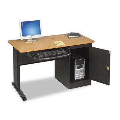 A desk with a computer and a keyboard on it