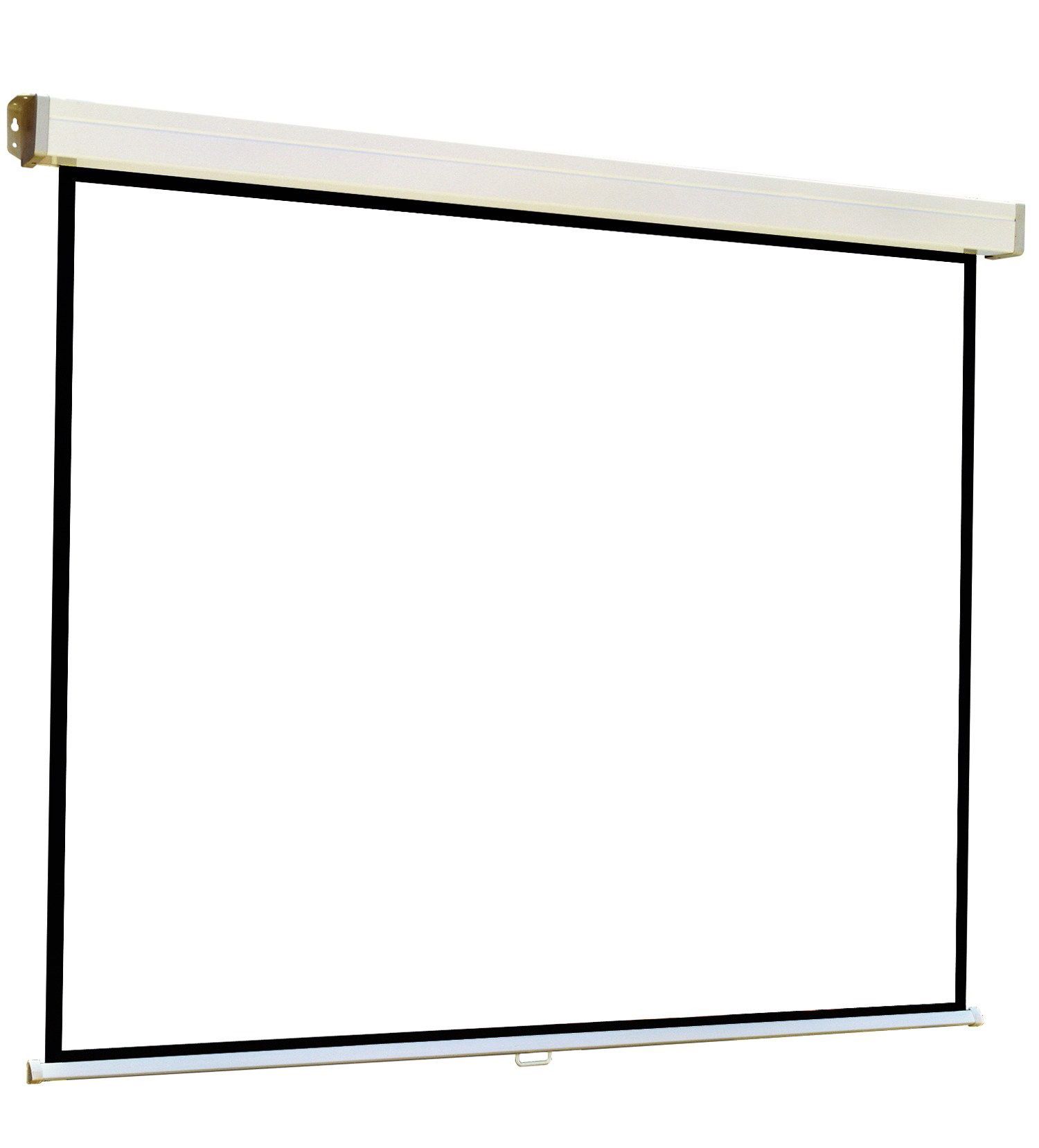 A white projector screen with a black frame on a white background.