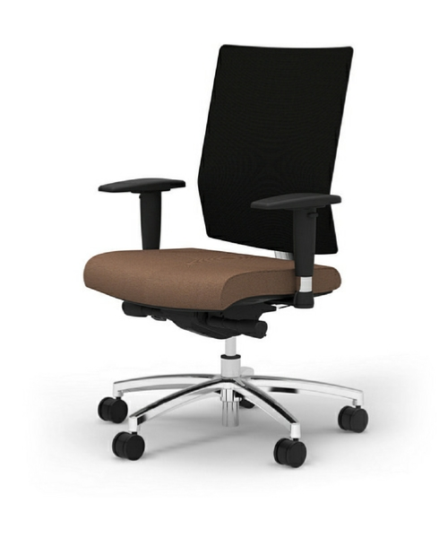 A black and brown office chair with wheels on a white background