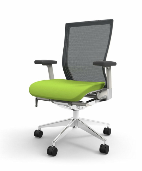 An office chair with a green seat and black mesh back