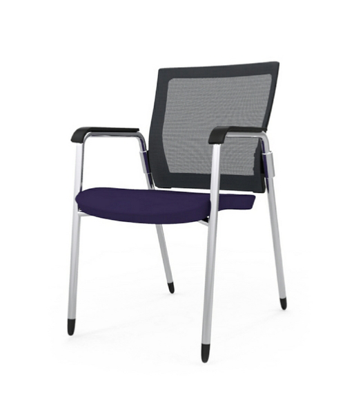 A black chair with a purple seat and back on a white background.