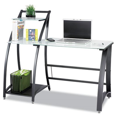 A computer desk with a laptop on top of it