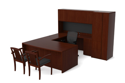 A wooden desk with two chairs and cabinets on a white background
