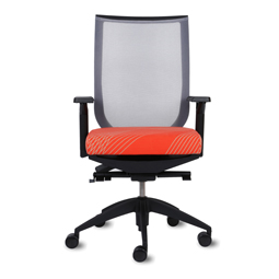 A black office chair with an orange seat